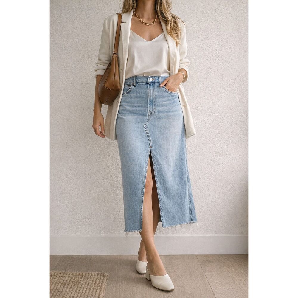 Madewell Denim Midi Skirt Size 30 Light Wash Raw Hem Slit High Rise Jean Skirt